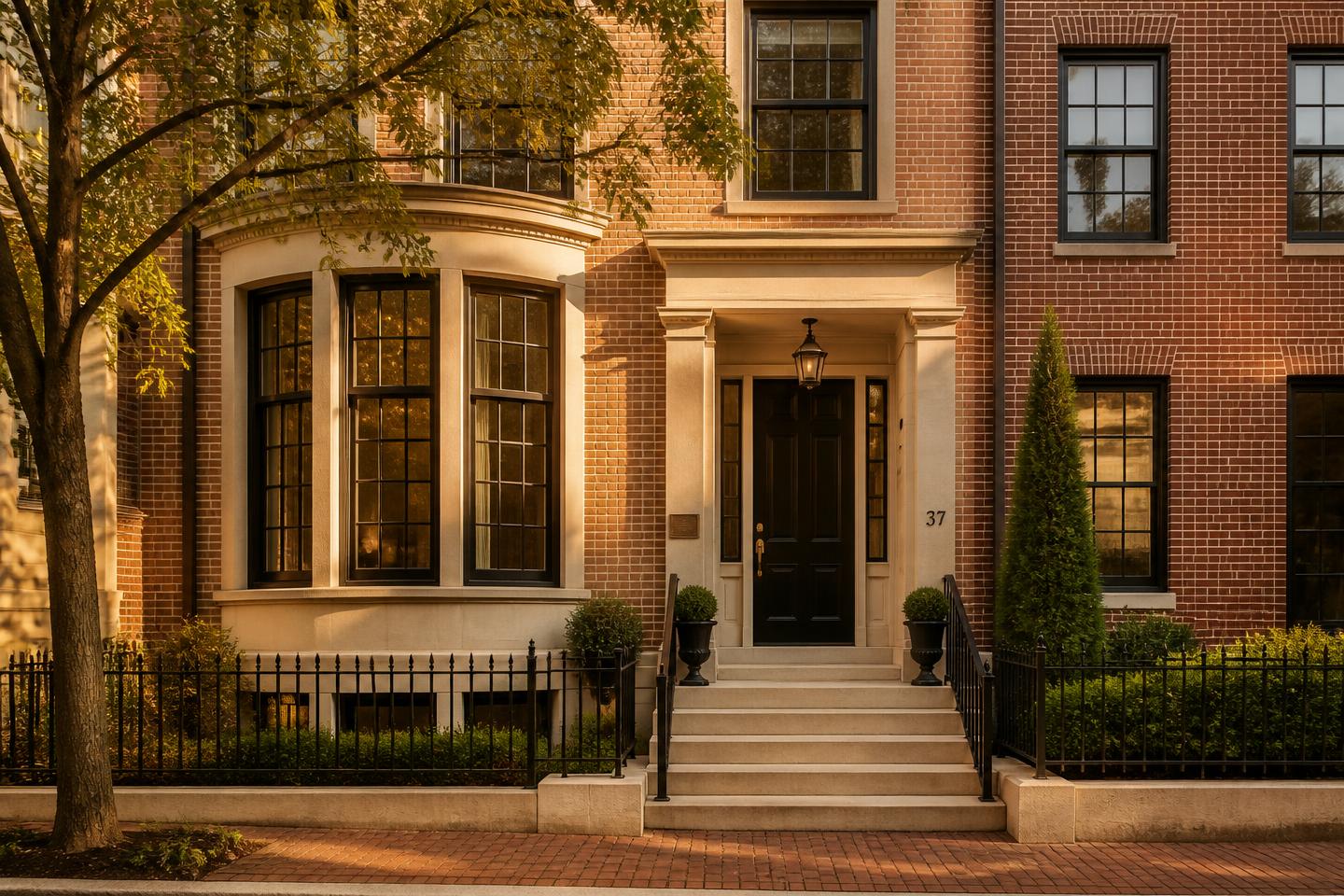 Brick townhouse facade in late afternoon light